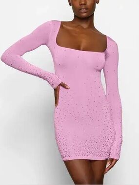 Skims Jelly Sheer Petal Rhinestone Embellished Long-Sleeve Mini Dress Medium